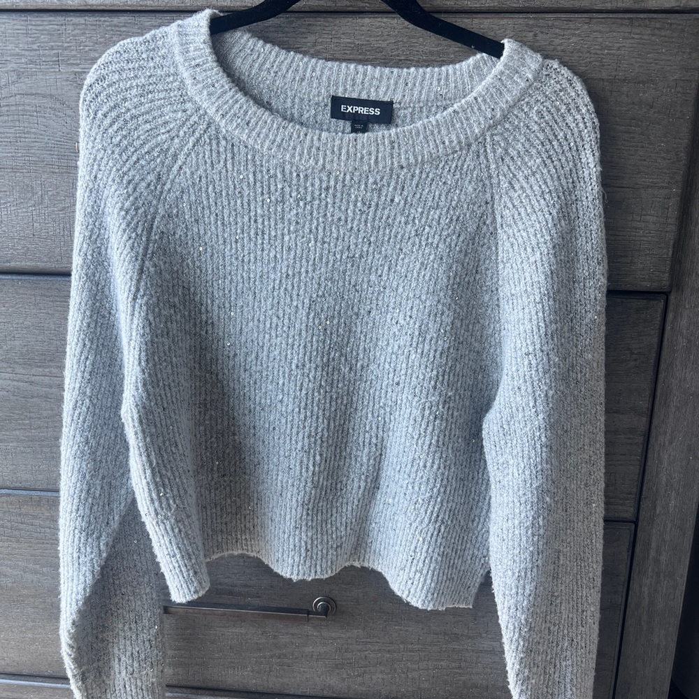 Express Gray Crew Neck Sweater with Chunky Knit